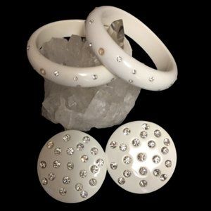 Vintage White Lucite and Rhinestone Bracelets Earring Set